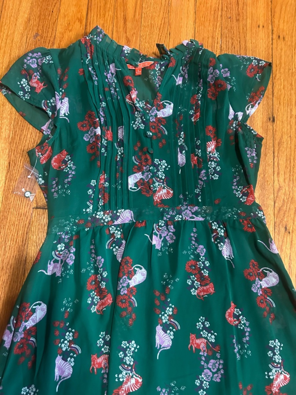 ModCloth Green Cats Dress XL Fully Lined Knee Length Whimsy Fairy Cute Kitchy - Picture 3 of 12